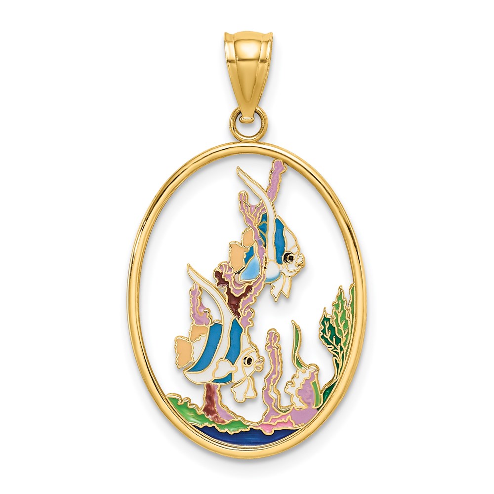 K6865.jpg 14K Multi-color Enamel Angelfish In Underwater Scene Oval Charm - Image 1
