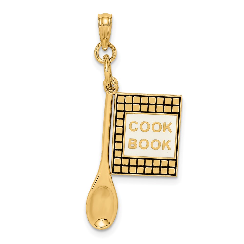 K7026.jpg 14K Black and White Enameled 3-D Cook Book and Spoon Charm - Image 1