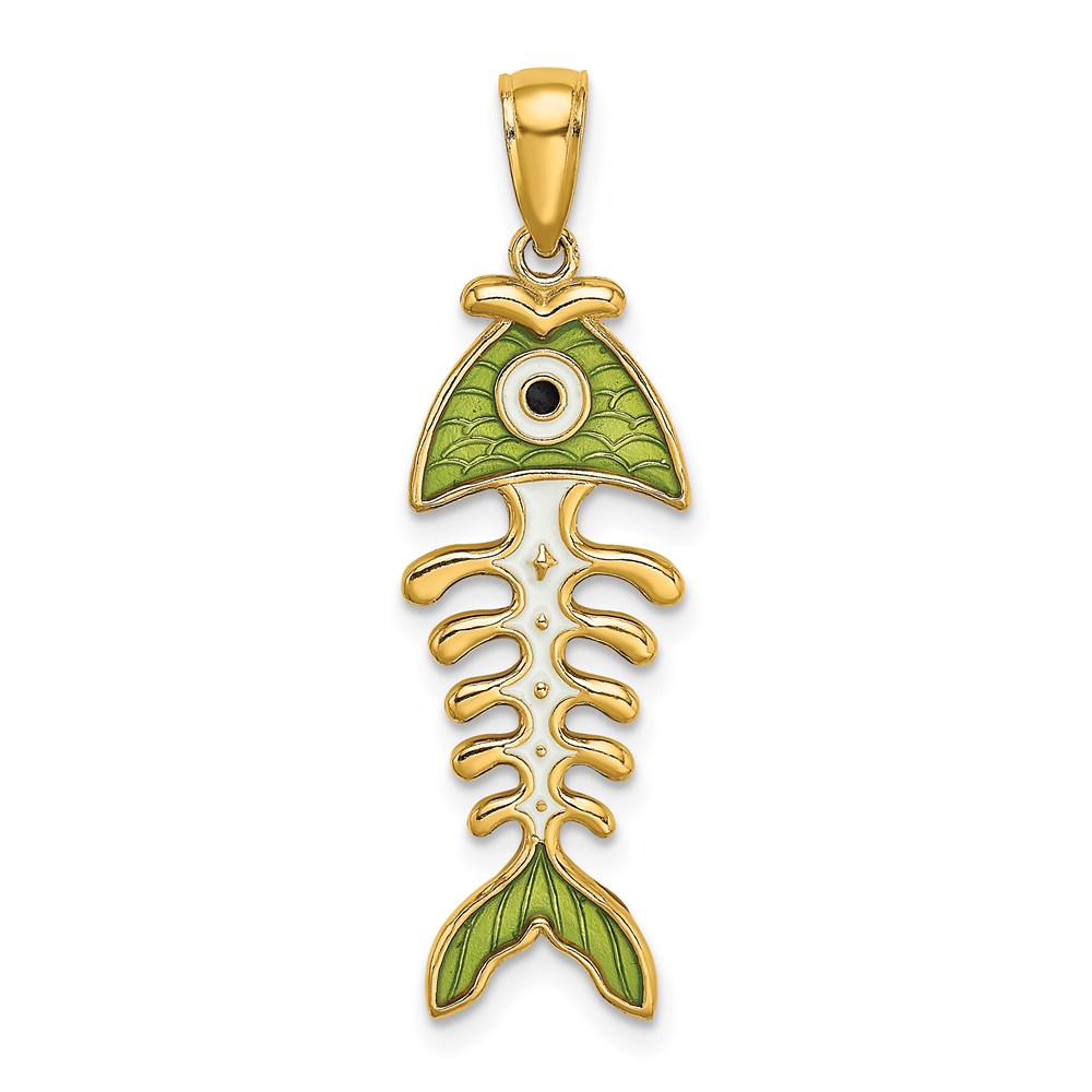 K7049.jpg 14k 3-D Green Enamel Fish Bone Charm - Image 1