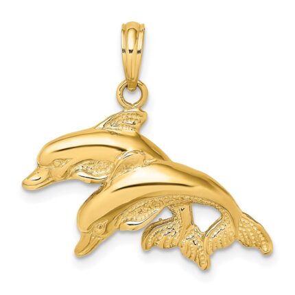 14K 2-D Polished and Textured Double Dolphins Charm