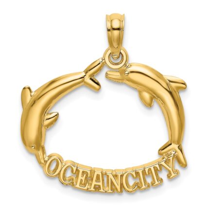 14k Polished OCEAN CITY with Jumping Dolphins Charm