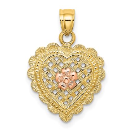 14k Yellow and Rose Gold Flower In Heart Basket Charm