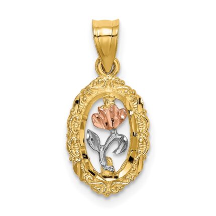 14K Two-tone with White Rhodium Rose In Oval Frame Charm