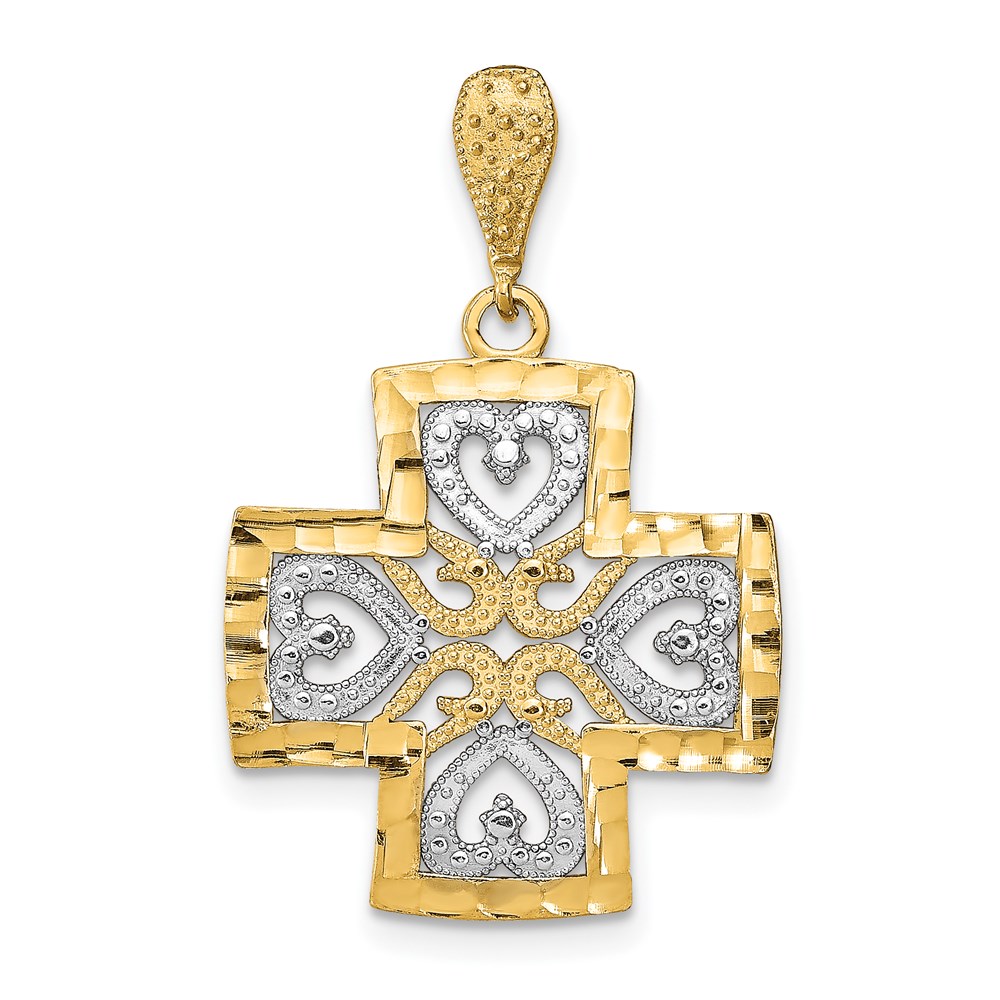 K9347.jpg 14K and White Rhodium Large Diamond-cut Hearts Maltese Cross Charm - Image 1