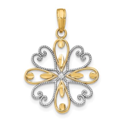 14K and White Rhodium Beaded Heart Petals Flower Charm