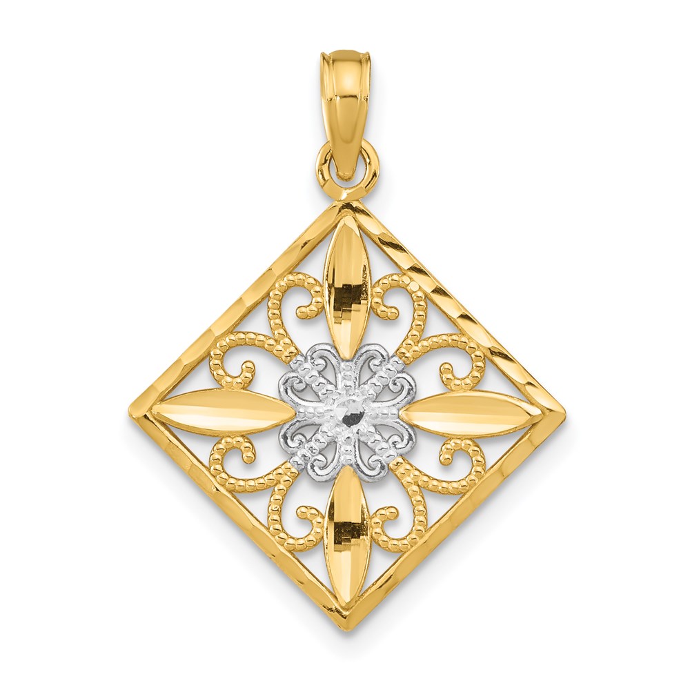 K9485.jpg 14K and White Rhodium Flower and Cross Square Charm - Image 1