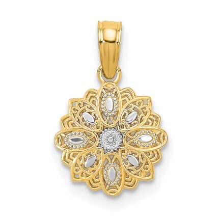 14K and White Rhodium Diamond-cut Mini Filigree Flower Charm