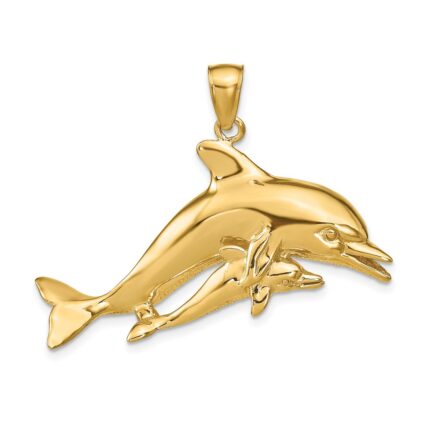 14k Polished Mother and Baby Dolphin Pendant