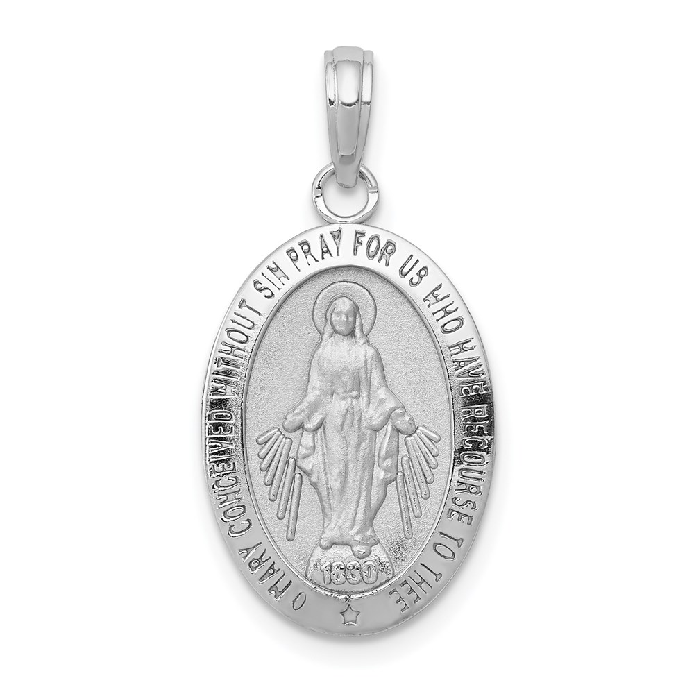 M1432W.jpg 14k White Gold Polished and Satin Solid Miraculous Medal Oval Pendant - Image 1