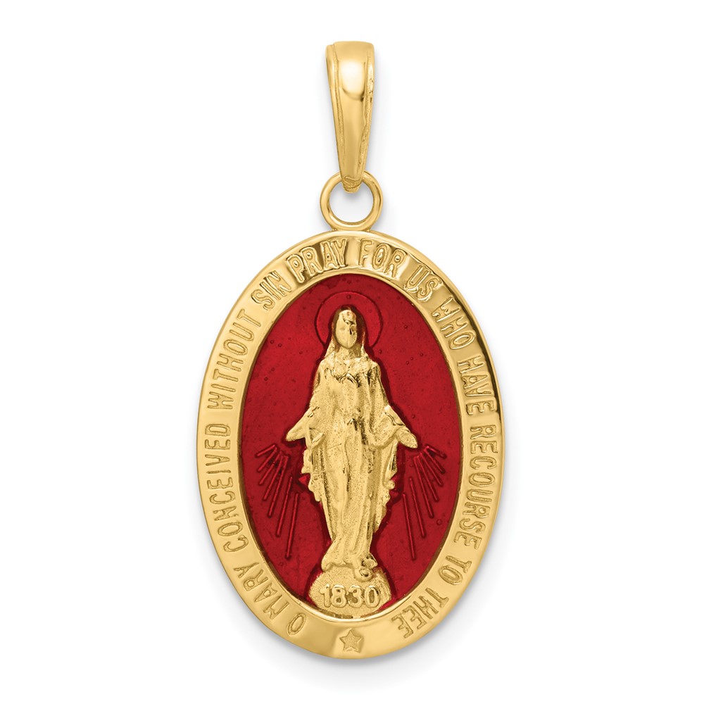 M1433ER.jpg 14k Solid Red Enameled Miraculous Medal Oval Pendant - Image 1