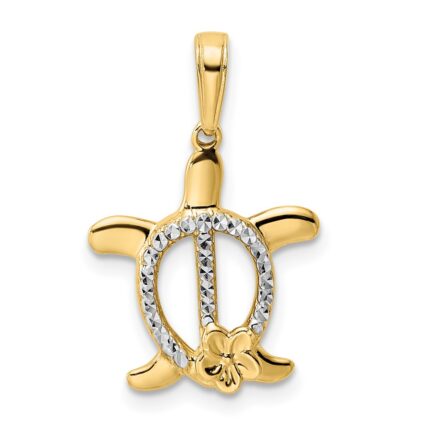 14k and White Rhodium Diamond-cut Turtle with Flower Pendant