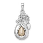 Sterling Silver Rhodium-plated Polished Crystal Background Seahorse Pendant - Image 3