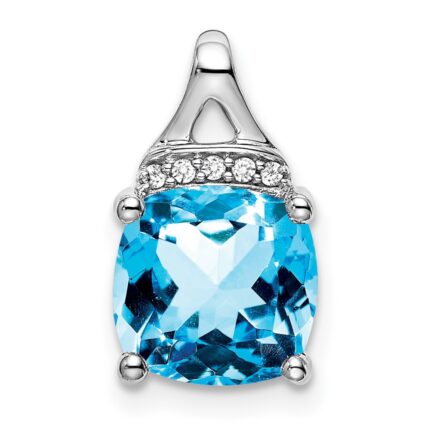 14k White Gold 8mm Cushion Blue Topaz and Diamond Chain Slide