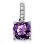 14k White Gold 8mm Cushion Amethyst and Diamond Pendant