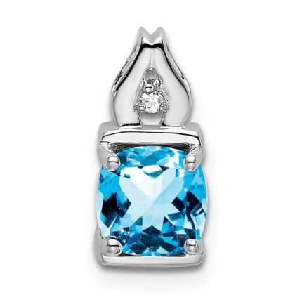 14k White Gold 6mm Cushion Blue Topaz and Diamond Chain Slide