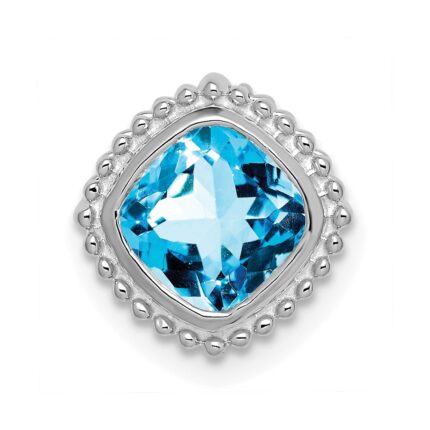 14k White Gold 6.5mm Cushion Blue Topaz Beaded Edge Chain Slide