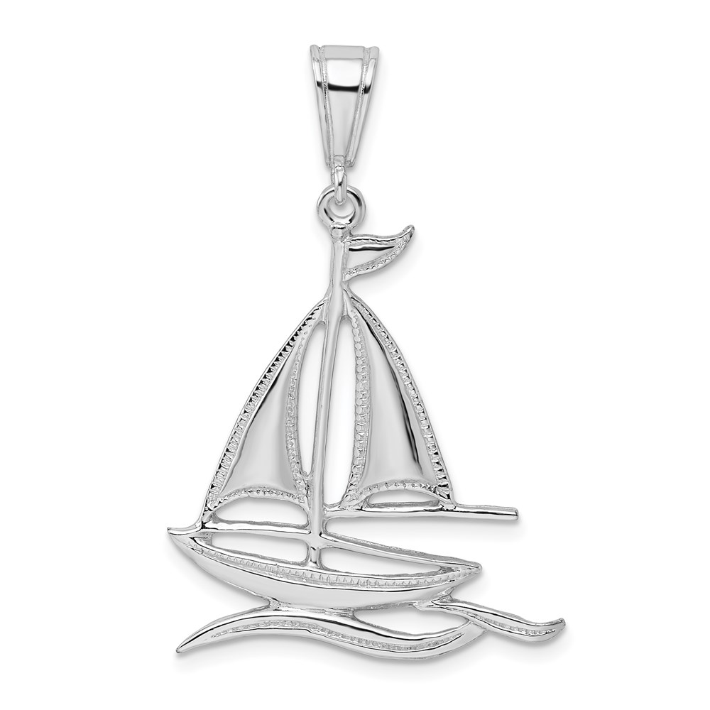 QC10025.jpg De-Ani Sterling Silver Rhodium-Plated Polished and Textured Sailboat on Water Pendant - Image 1