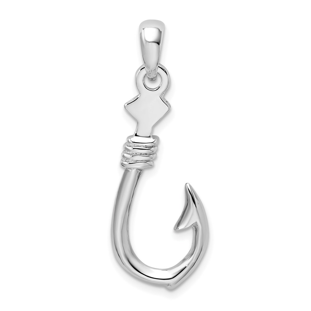 QC10485.jpg De-Ani Sterling Silver Rhodium-plated Polished 3D Large Fish Hook with Rope Pendant - Image 1