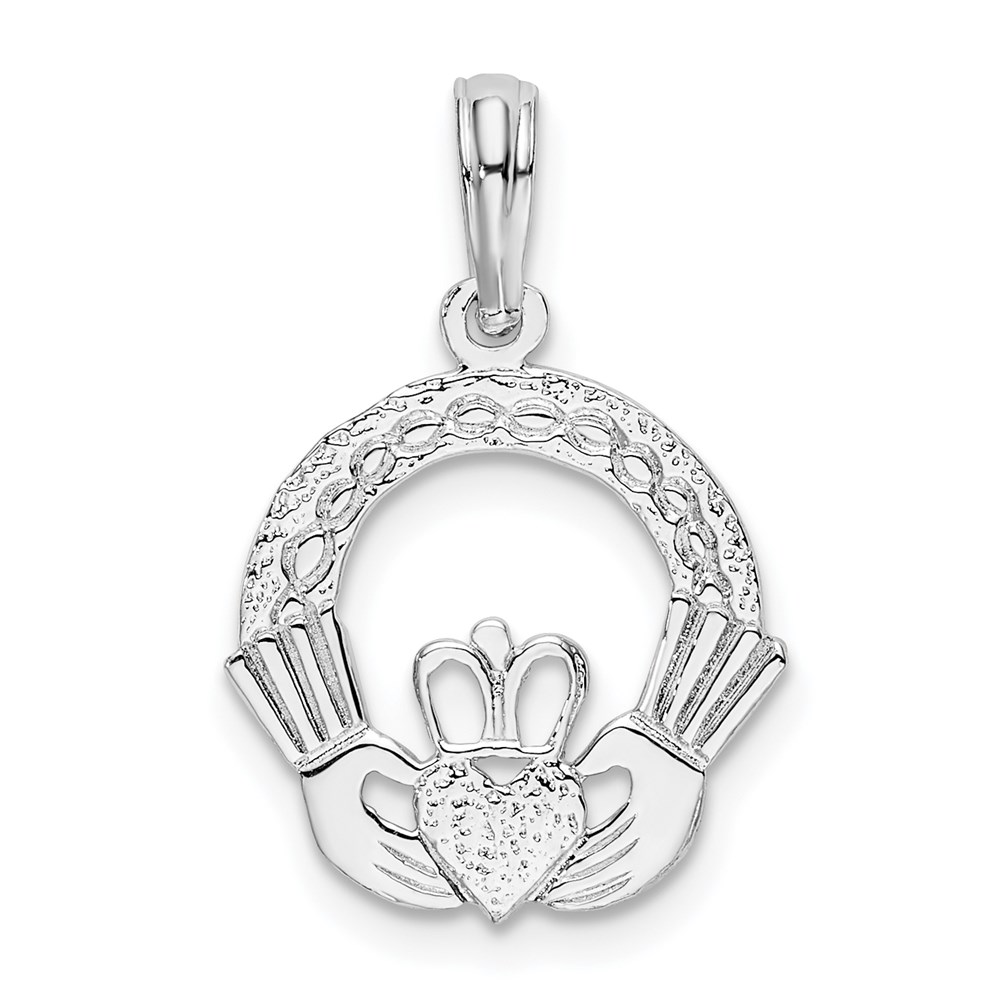 QC10544.jpg De-Ani Sterling Silver Rhodium-Plated Polished and Textured Claddagh Circle Pendant - Image 1