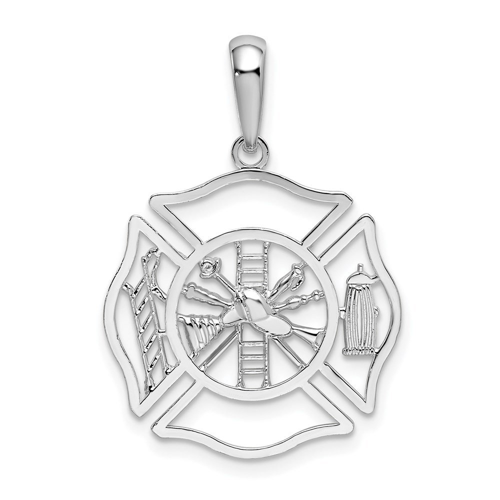 QC10606.jpg De-Ani Sterling Silver Rhodium-plated Polished Cut-Out Fireman Shield Pendant - Image 1