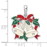 De-Ani Sterling Silver Rhodium-Plated Polished Enameled Bells and Holly Pendant - Image 3