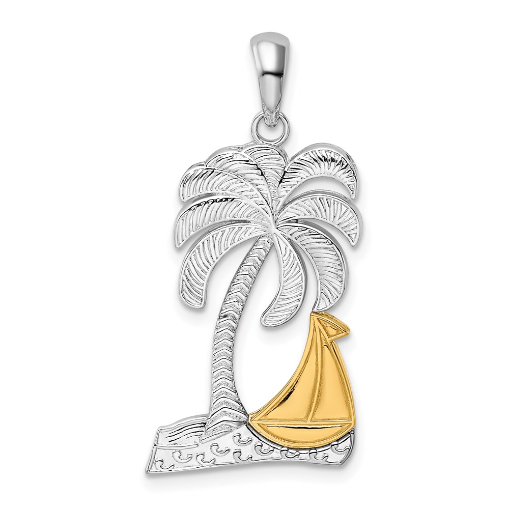QC10912G.jpg De-Ani Sterling Silver Rhodium-Plated Polished Palm Tree with 14k Sailboat Pendant - Image 1