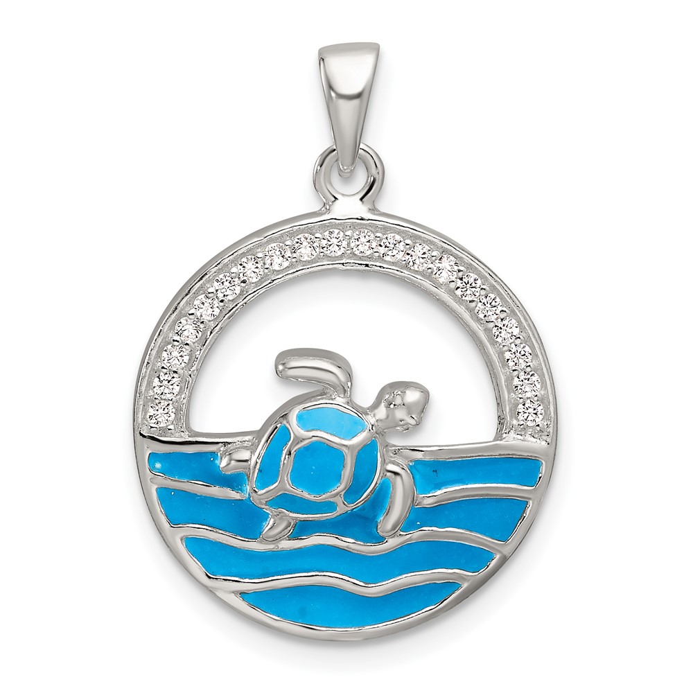 QC11371.jpg Sterling Silver Polished Blue Enamel and CZ Sea Turtle Circle Pendant - Image 1