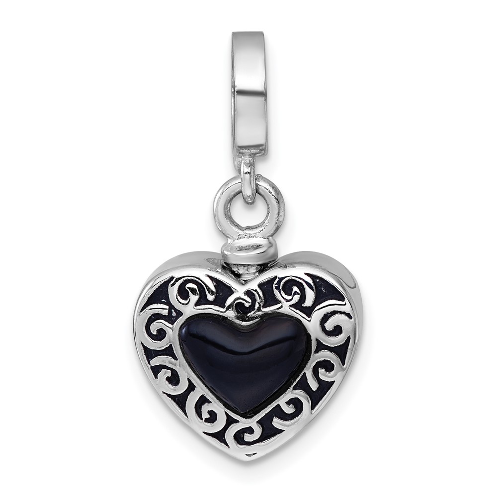 QC11536.jpg Sterling Silver Rhodium-plated Onyx Enameled Heart Ash Holder Bead/Pendant - Image 1