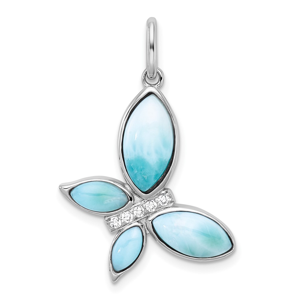 QC11568.jpg Sterling Silver Rhodium-plated Polished Larimar and CZ Butterfly Pendant - Image 1