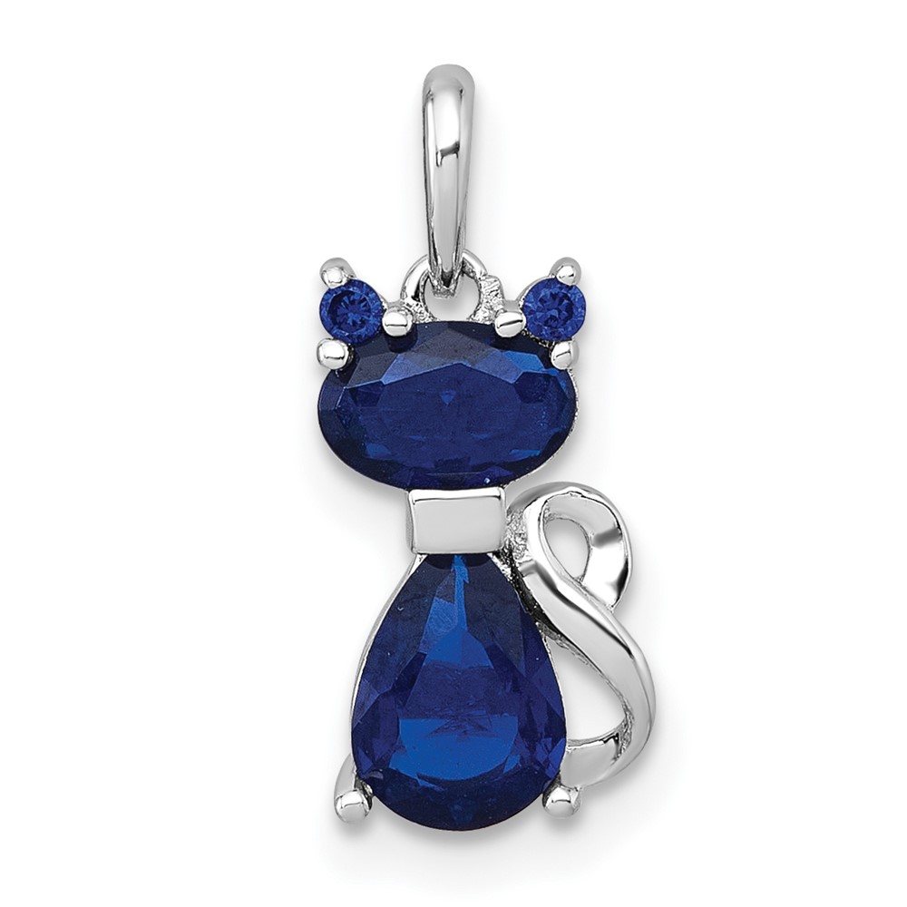 QC11577.jpg Sterling Silver Rhodium-plated Blue Lab Created Sapphire Cat Pendant - Image 1