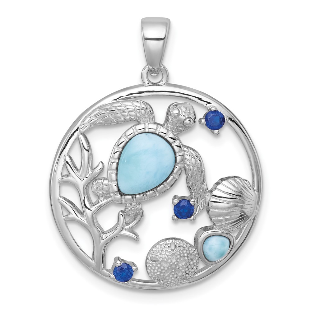 QC11596.jpg Sterling Silver Rhodium-plated Polished and Textured Larimar and Blue CZ Sealife Pendant - Image 1