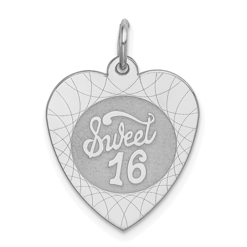 QC2461.jpg Sterling Silver Rhodium-plated Sweet Sixteen Heart Disc Charm - Image 1