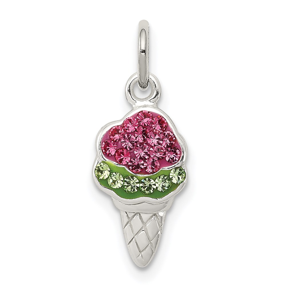 QC6038.jpg Sterling Silver Pink and Green Stellux Crystal Ice Cream Cone Charm - Image 1