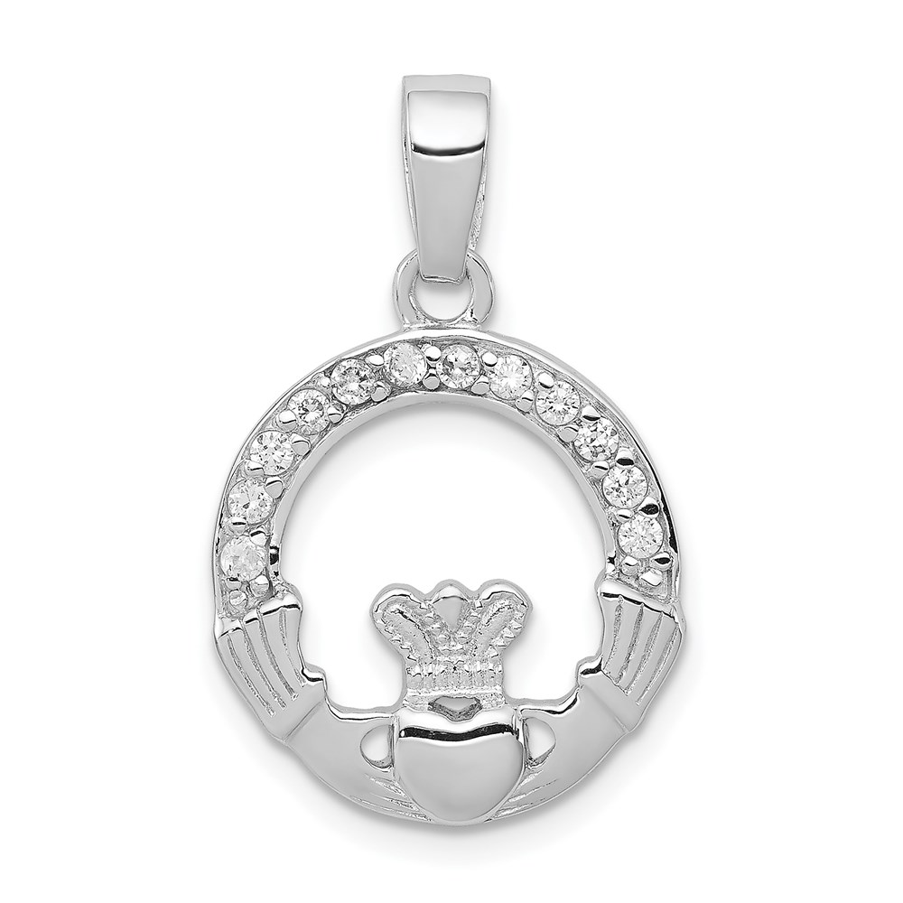 QC7622.jpg Sterling Silver Rhodium Plated CZ Claddagh Pendant - Image 1