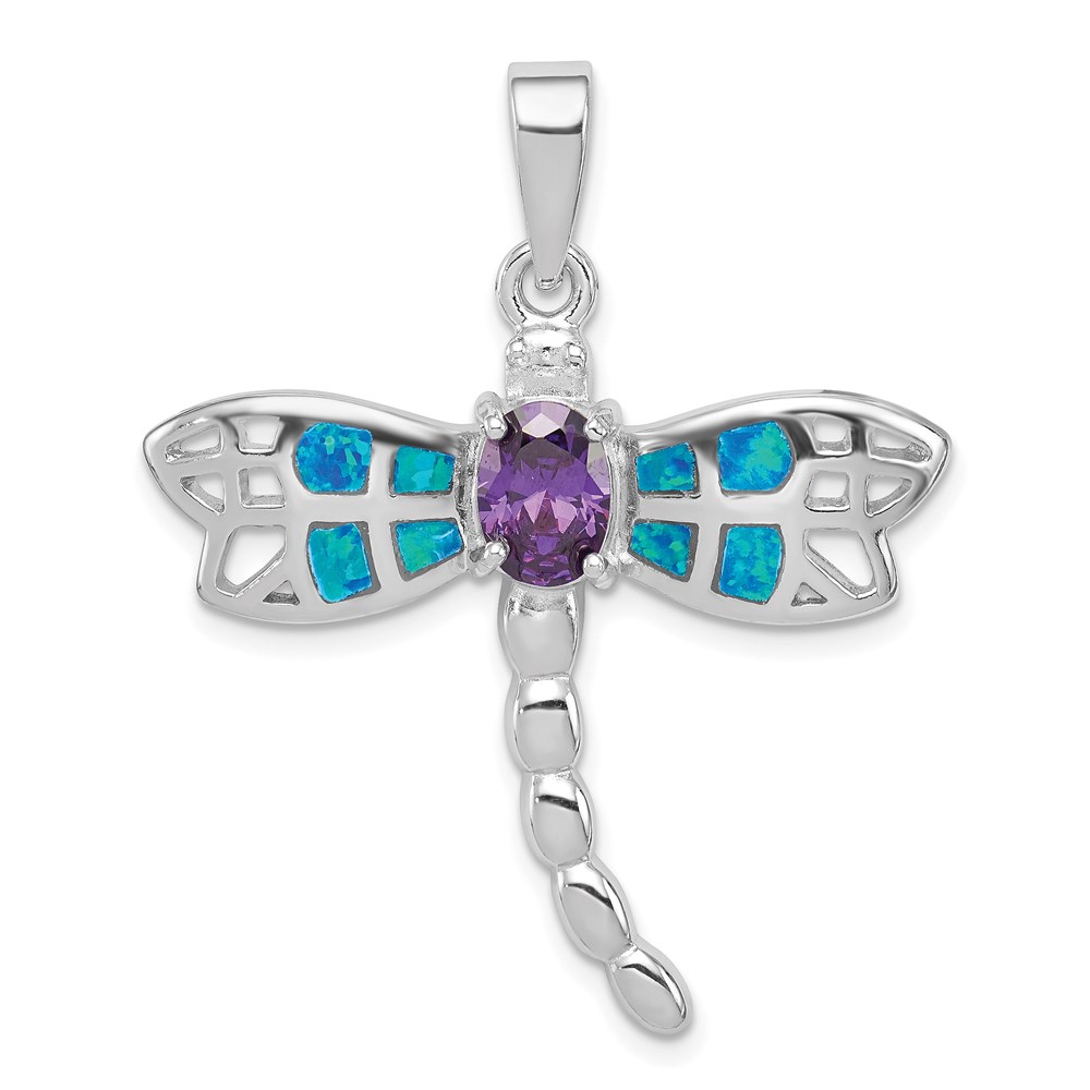 QC7689.jpg Sterling Silver Rhod plated Creat. Opal Dragonfly Amethyst Pendant - Image 1