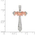 Sterling Silver Polished Rhodium & Rose Gold-plated Mom CZ Cross Pendant - Image 3