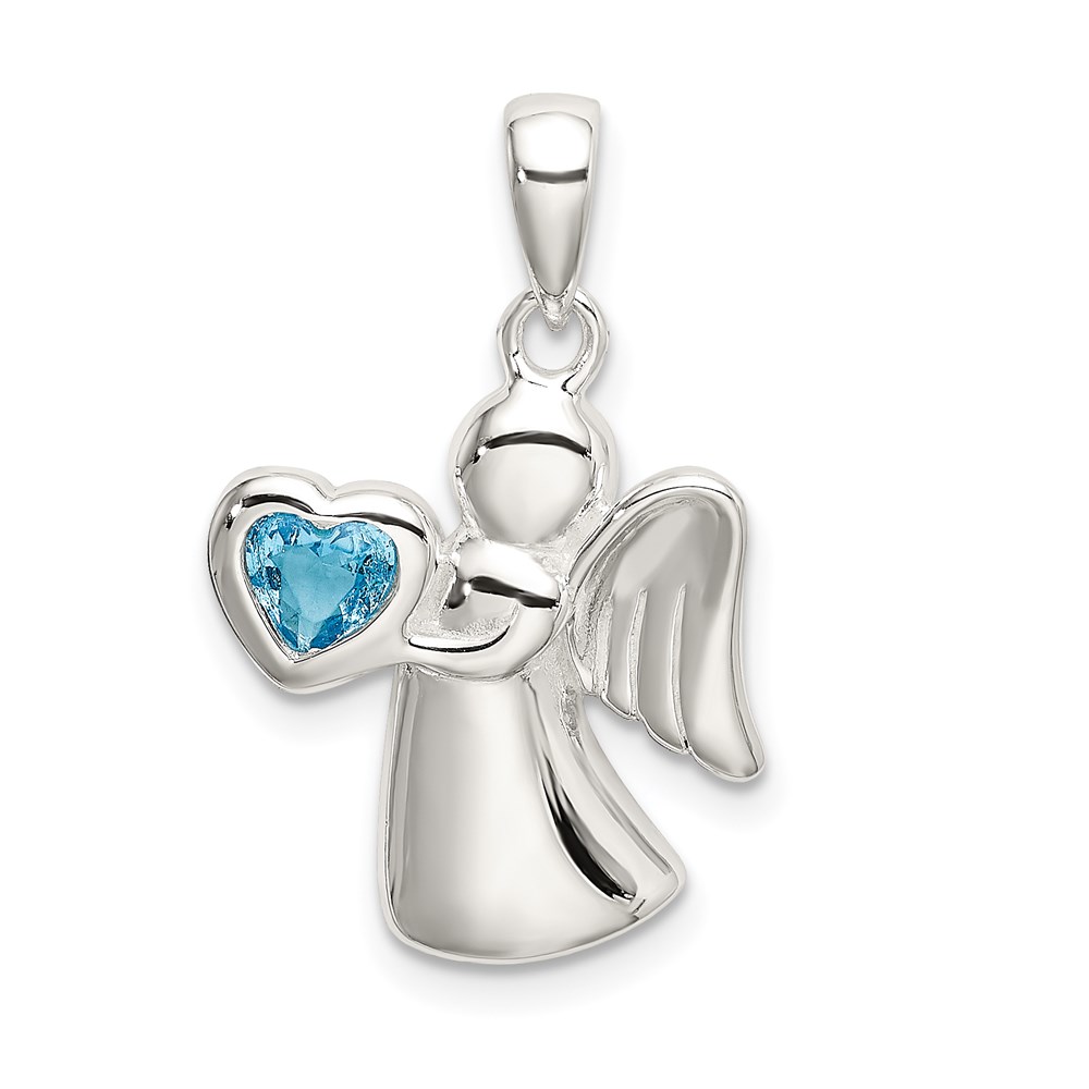 QC9152.jpg Sterling Silver Angel w/Blue CZ Heart Pendant - Image 1