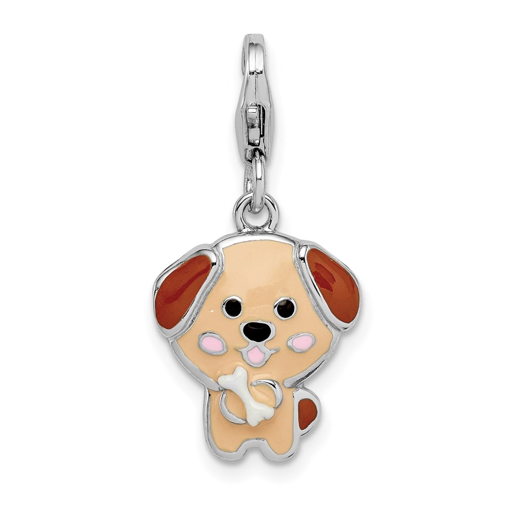 QC9525.jpg Sterling Silver Rhodium-plated Enameled Puppy w/Lobster Clasp Charm - Image 1