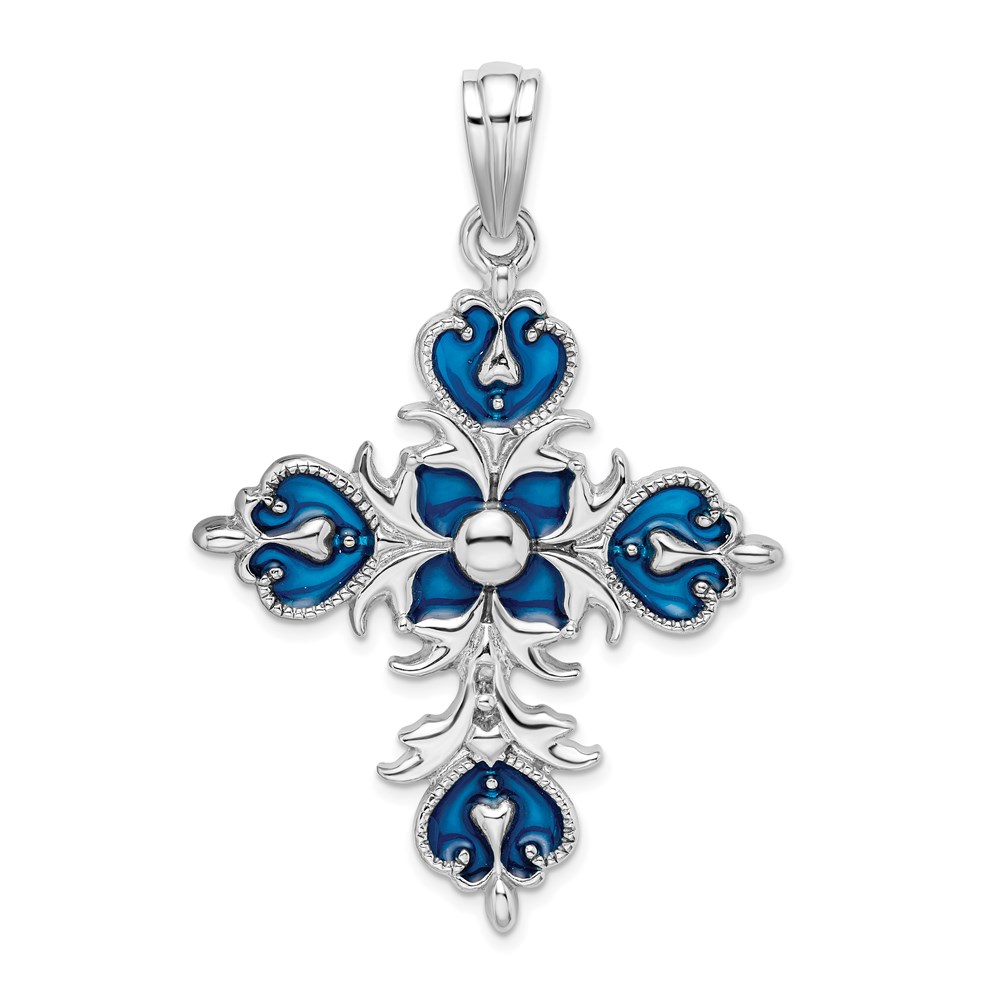 QC9787.jpg De-Ani Sterling Silver Rhodium-Plated Polished Enameled Fleur de Lis Cross Pendant - Image 1