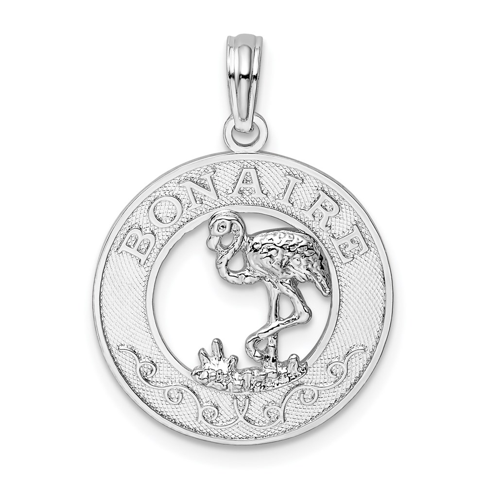 QC9953.jpg De-Ani Sterling Silver Rhodium-Plated Polished Bonaire Circle Flamingo Pendant - Image 1