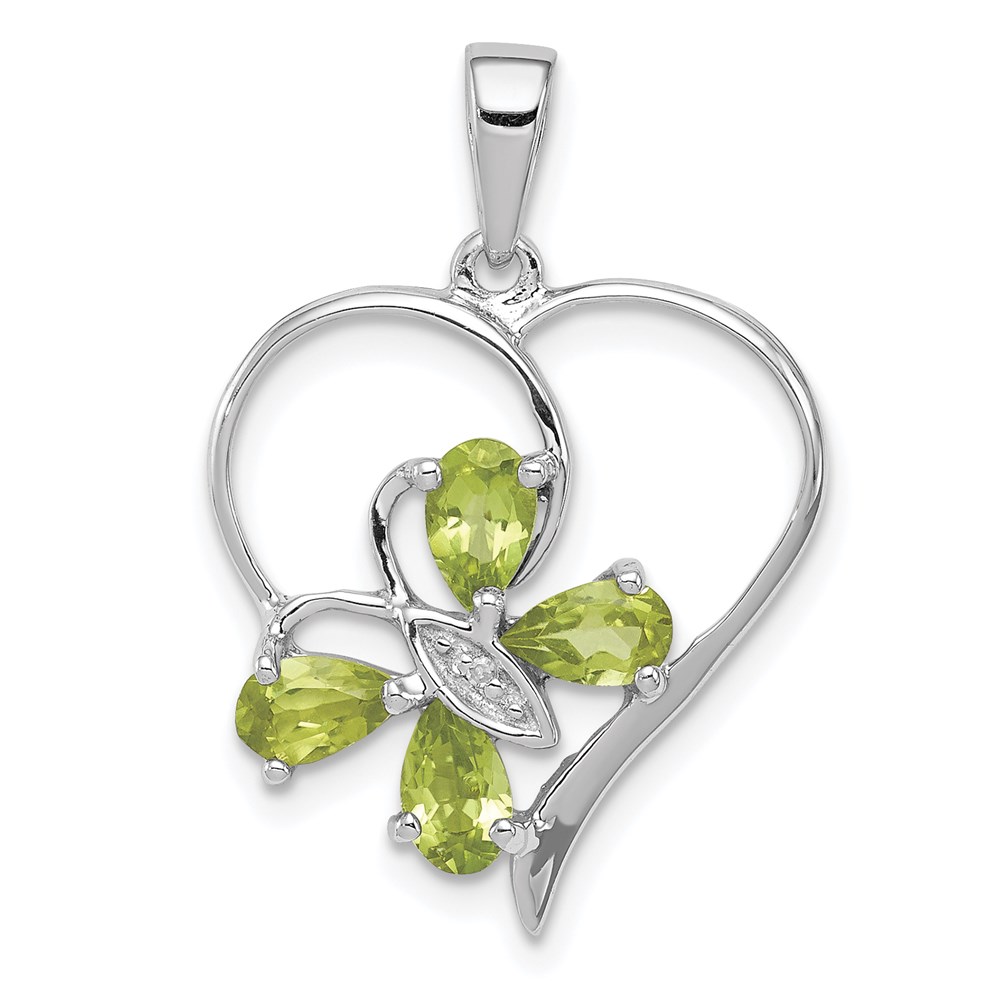 QDX806.jpg Sterling Silver RH Plated Peridot and Diamond Butterfly Heart Pendant - Image 1