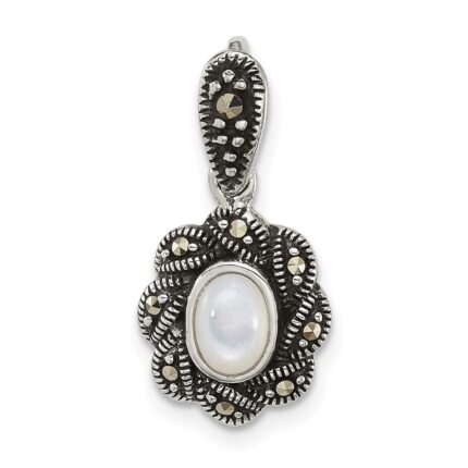 Sterling Silver Antiqued Marcasite and Mother of Pearl Oval Fancy Pendant