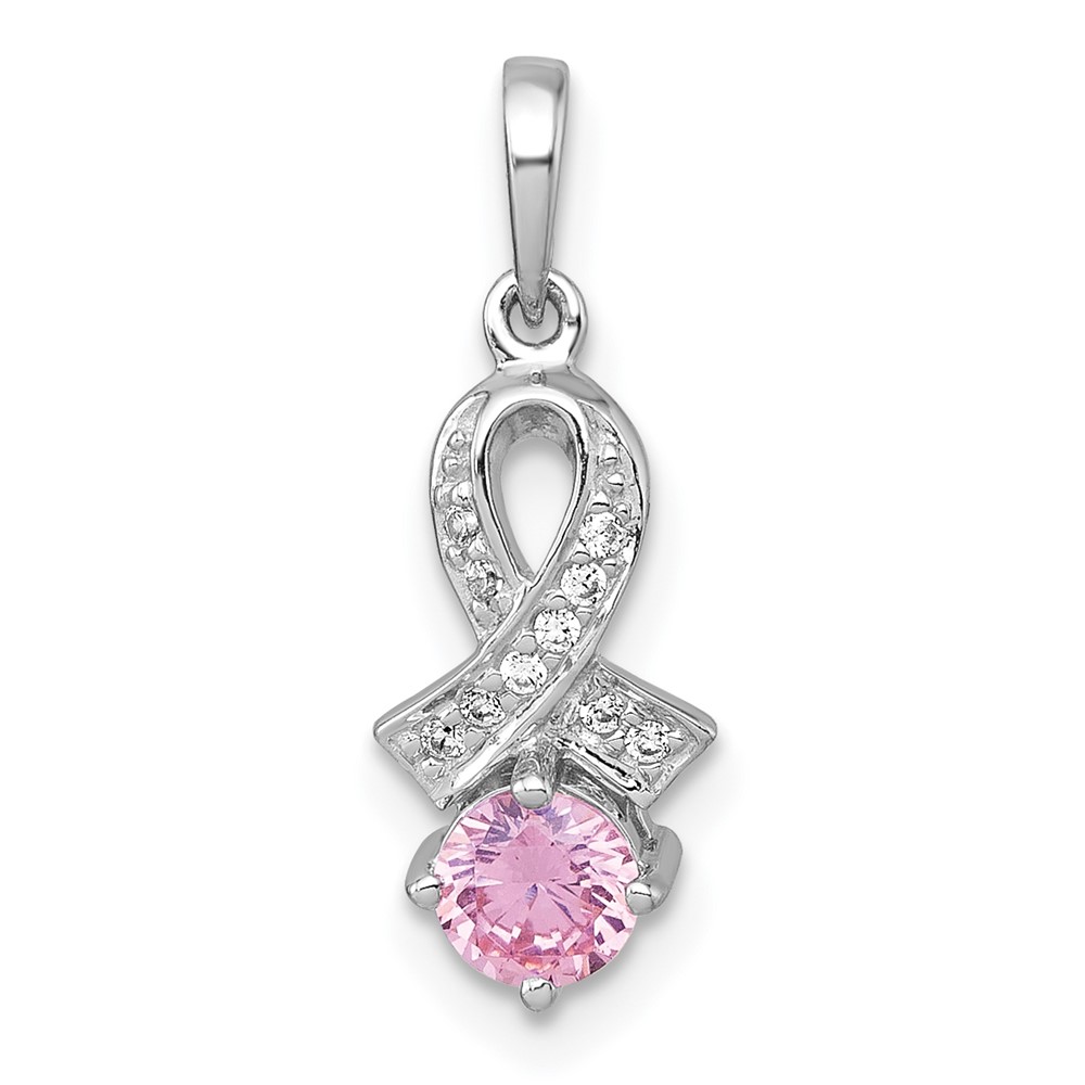 QG7239P.jpg Sterling Silver Rhodium-plated Polished Round Pink and White CZ Awareness Ribbon Pendant - Image 1