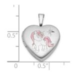 Sterling Silver RH-plated Epoxy Satin Polished Unicorn 16mm Heart Locket - Image 5