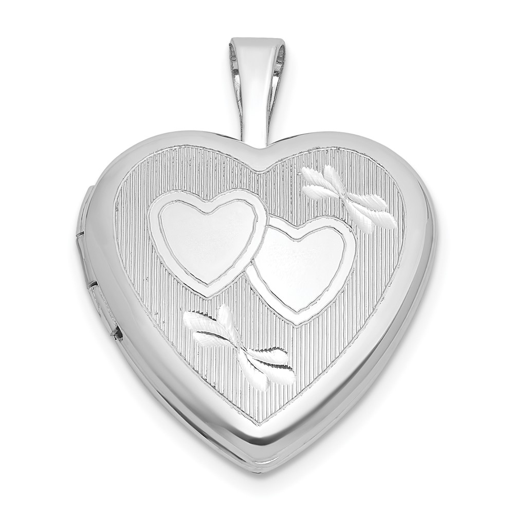 QLS1213.jpg Sterling Silver Rhodium-plated Polished Front/Brushed Back Diamond-cut Twin Hearts 16mm Heart Locket - Image 1