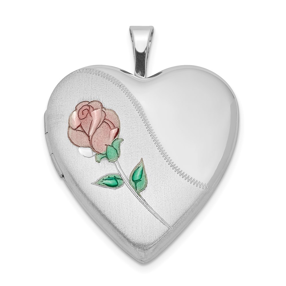 QLS414.jpg Sterling Silver Rhod-plated 20mm Satin, Enamel, D/C Floral Heart Locket - Image 1