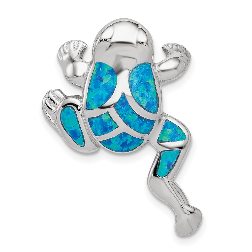 QP1890.jpg Sterling Silver Rhod-plated Created Blue Opal Inlay Frog Slide Pendant - Image 1