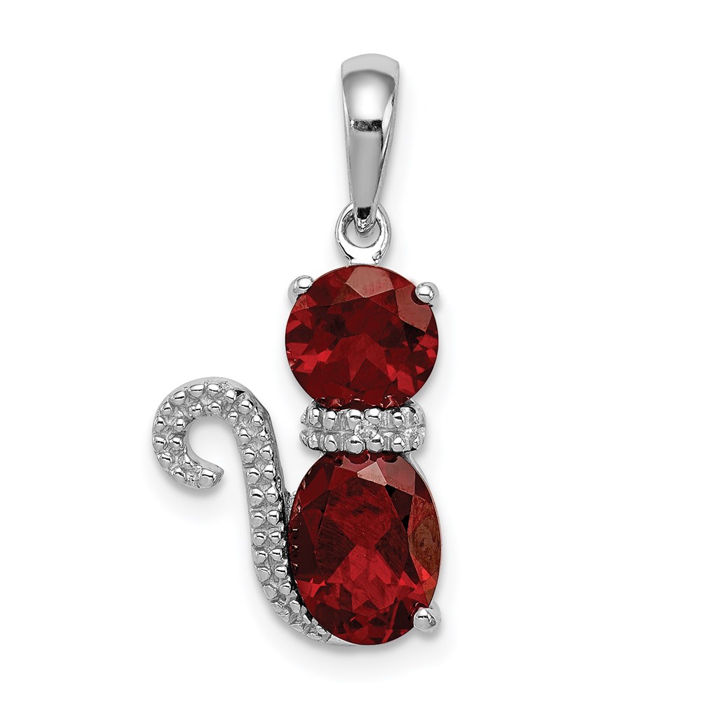 QP4551GA.jpg Sterling Silver Rhodium-plated Garnet and Diamond Cat Pendant - Image 1