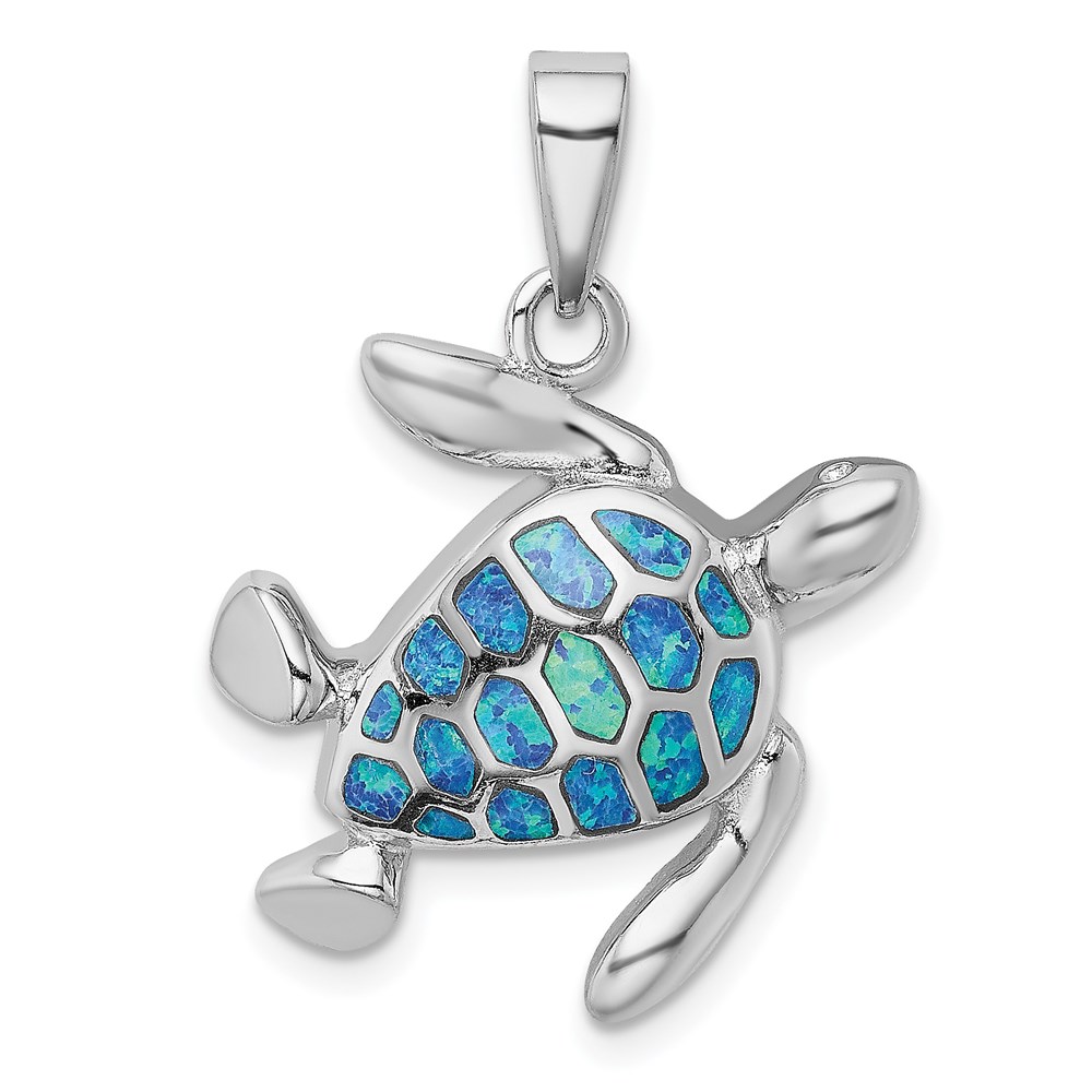 QP4873.jpg Sterling Silver Rhodium-plated Polished Blue Inlay Created Opal Turtle Pendant - Image 1