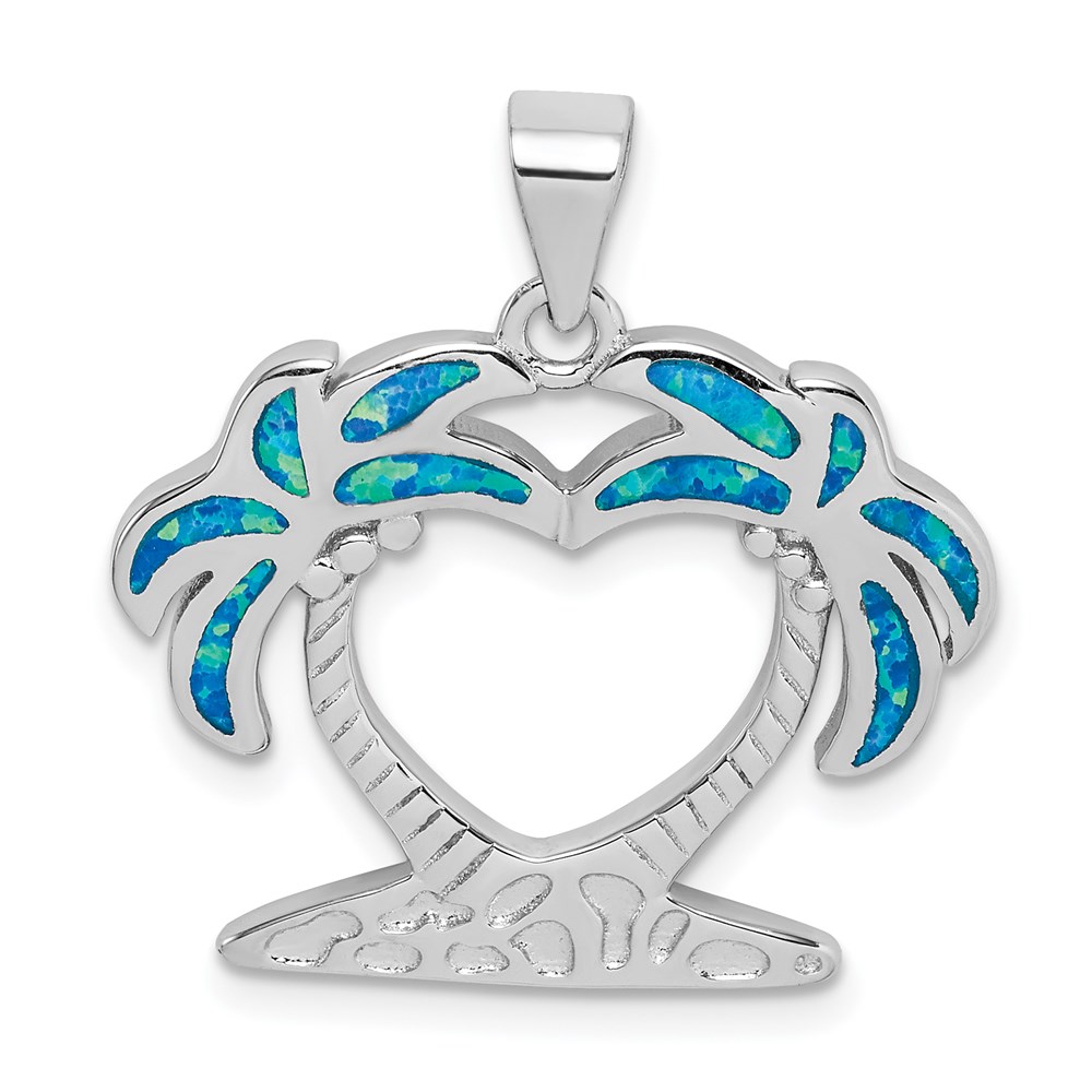 QP5124.jpg Sterling Silver Rhodium-plated Created Blue Opal Palm Trees Pendant - Image 1